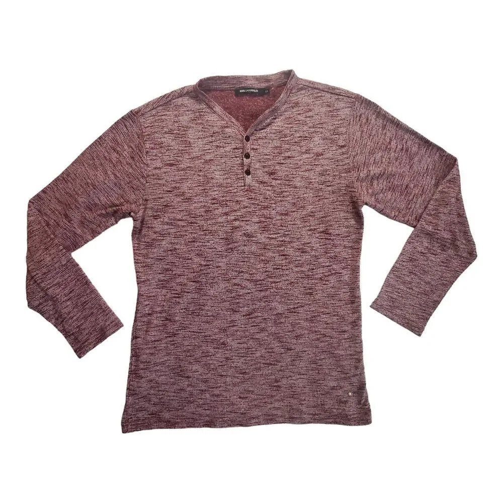 KARL LAGERFELD Paris Mens Henley Shirt Long Sleeve Burgundy Knit Size Large